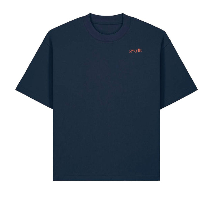 Gwyllt Embroidered T-shirt - PREORDER - Black &amp; BeechNavy with Orange Thread