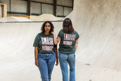 Smash Patriarchy Embrace Matriarchy Stone Wash Green Cotton T-Shirt T-shirts Black & Beech