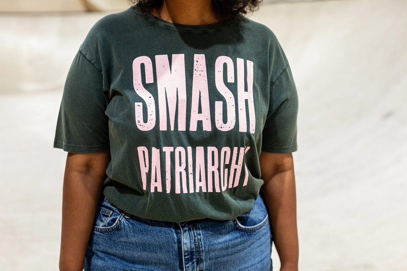 Smash Patriarchy Embrace Matriarchy Stone Wash Green Cotton T-Shirt T-shirts Black & Beech