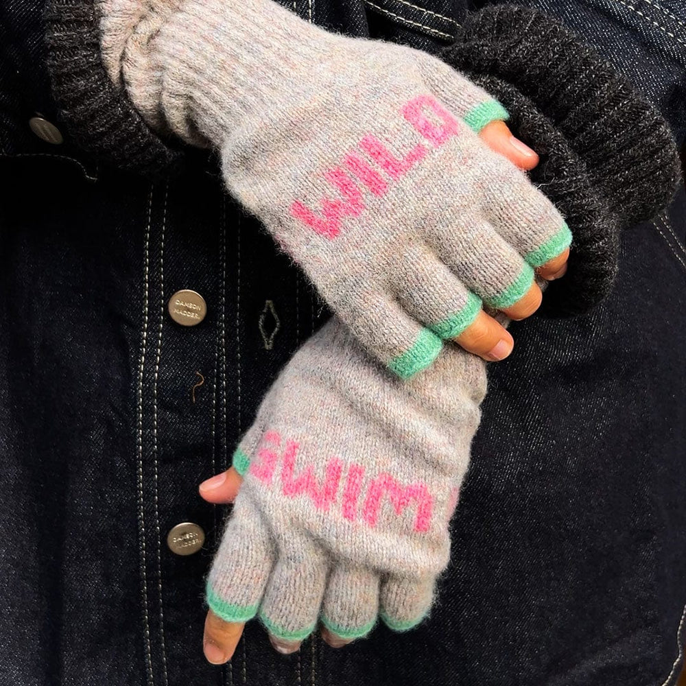 Wild Swim Fingerless Gloves in Opal with French Rose & Peppermint Gloves & Mittens Black & Beech