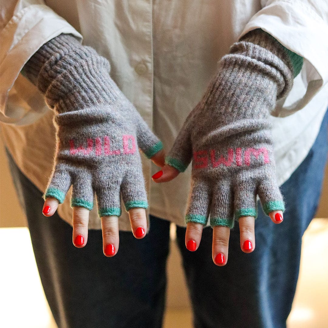 Wild Swim Fingerless Gloves in Opal with French Rose & Peppermint Gloves & Mittens Black & Beech