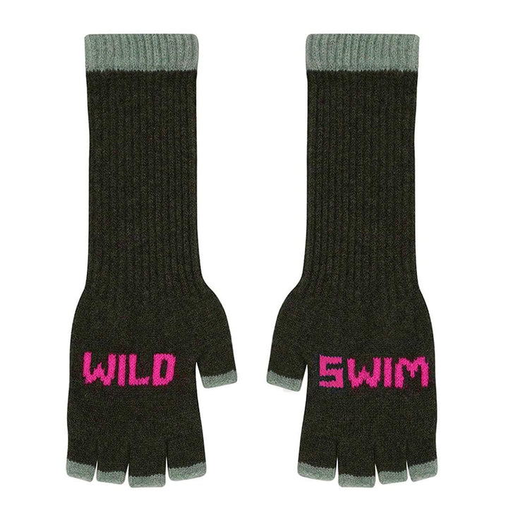 Wild Swim Fingerless Gloves in Seaweed with Neon Pink & Mojito Gloves & Mittens Black & Beech