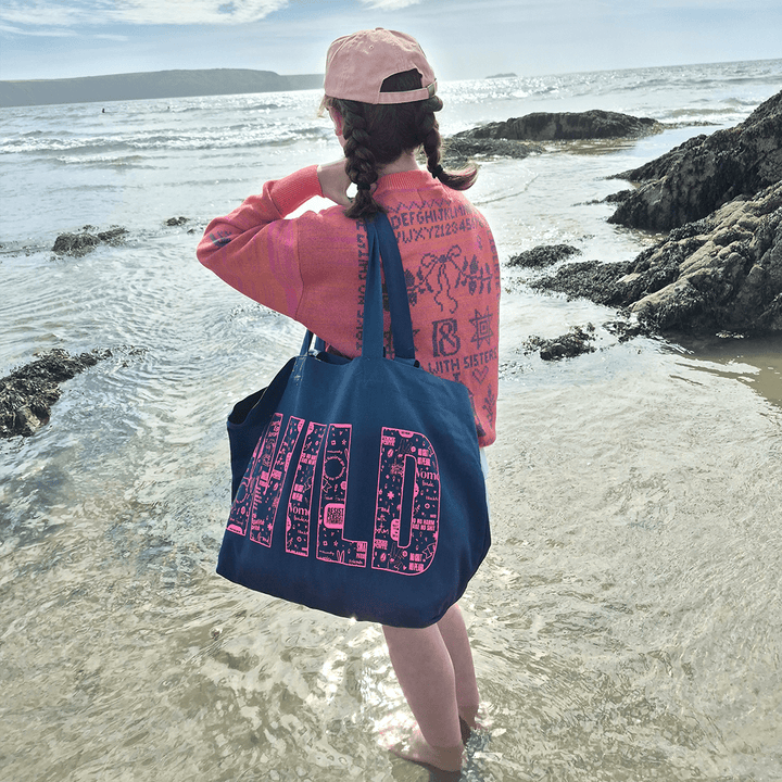 Wild Swim Tote Bag in Teal &amp; Neon Pink - Black &amp; Beech