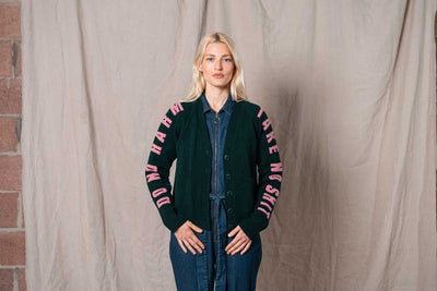 Do No Harm Take No Shit Merino Lambswool Cardigan in Forest Green & French Rose Black & Beech