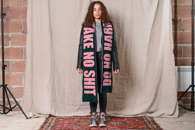 Do No Harm Take No Shit Slogan Scarf Forest Green & French Rose Black & Beech