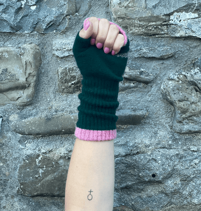 Feminist Fingerless Mittens in Forest Green and French Rose Black & Beech