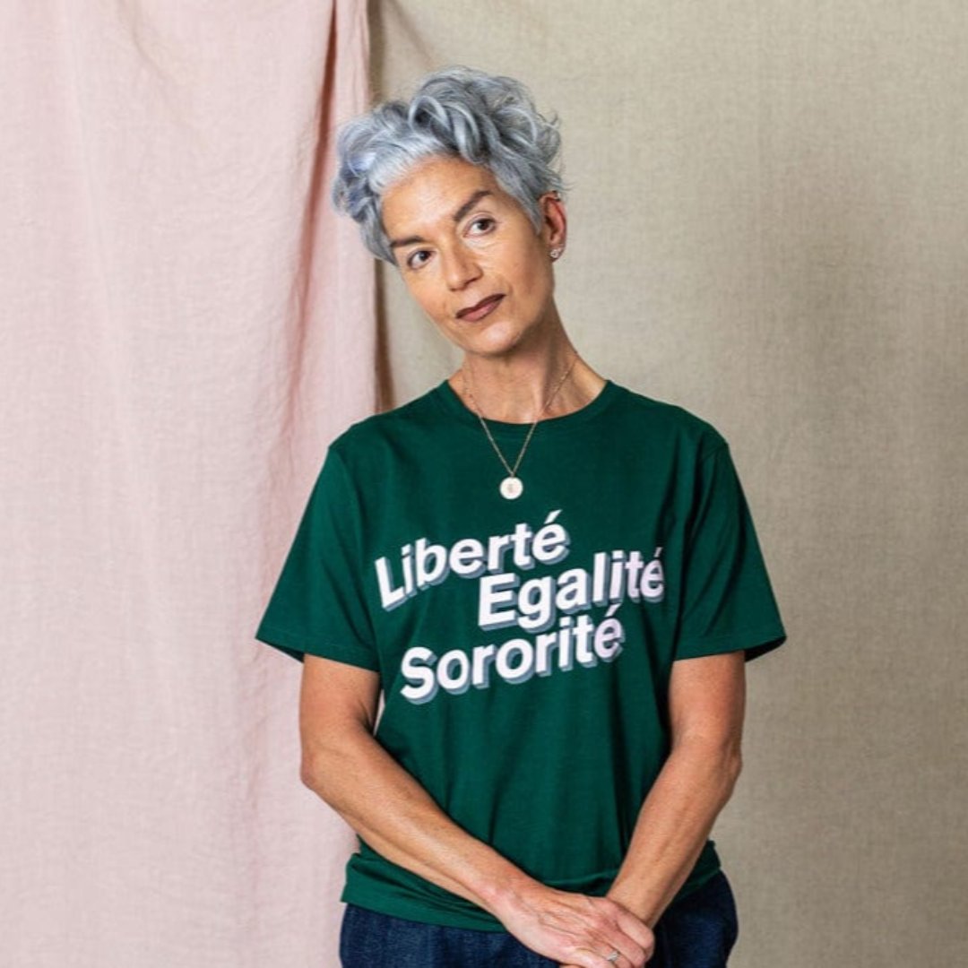 Liberté, Egalité, Sororité Ethical T-Shirt in Forest Green – Black