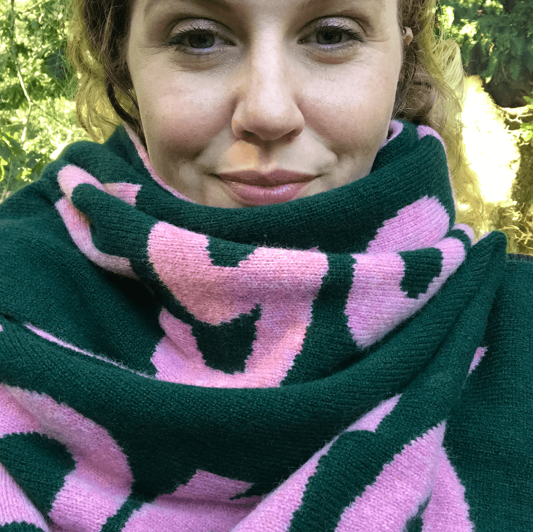 Liberté Egalité Sororité Lambswool Feminist Slogan Scarf Forest Green & French Rose Black & Beech
