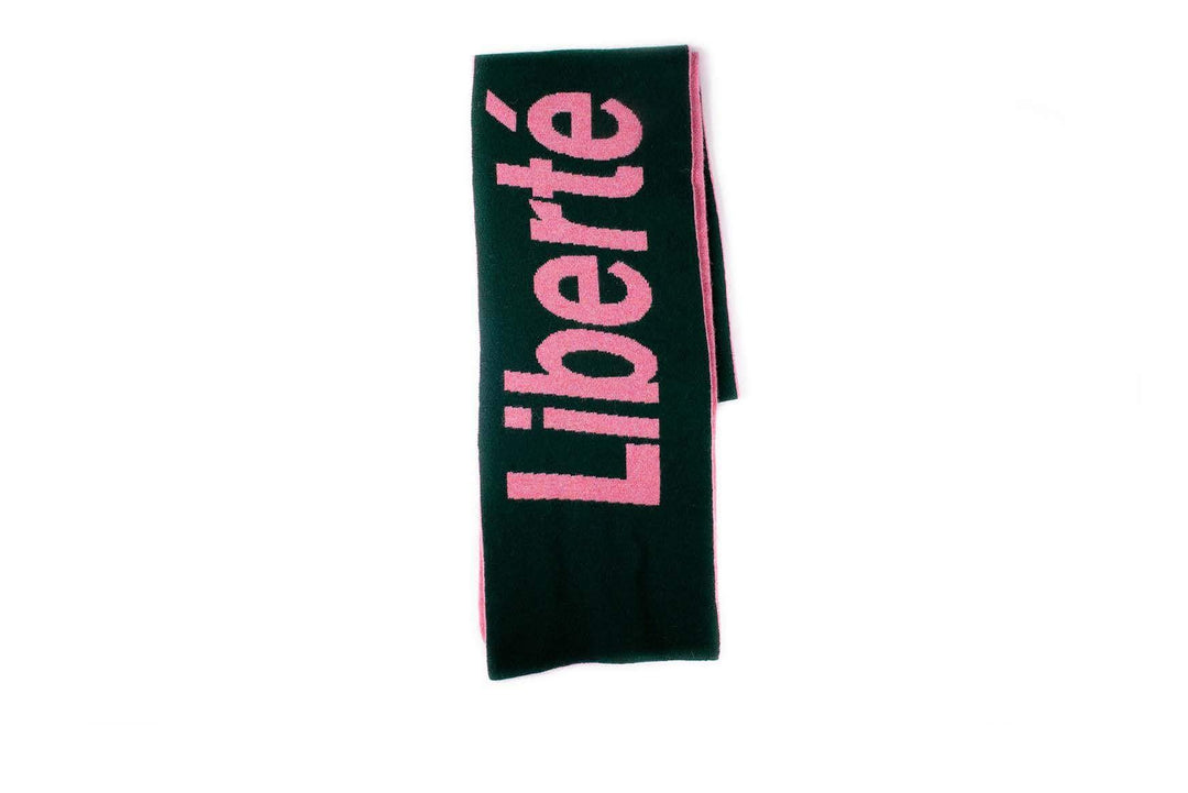 Liberté Egalité Sororité Lambswool Feminist Slogan Scarf Forest Green & French Rose Black & Beech