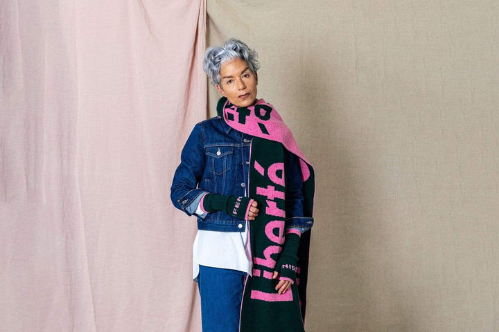 Liberté Egalité Sororité Lambswool Feminist Slogan Scarf Forest Green & French Rose Black & Beech