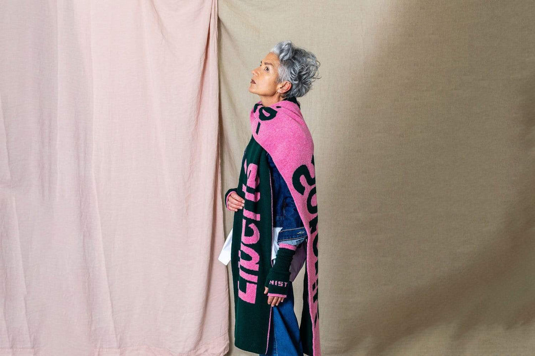 Liberté Egalité Sororité Lambswool Feminist Slogan Scarf Forest Green & French Rose Black & Beech