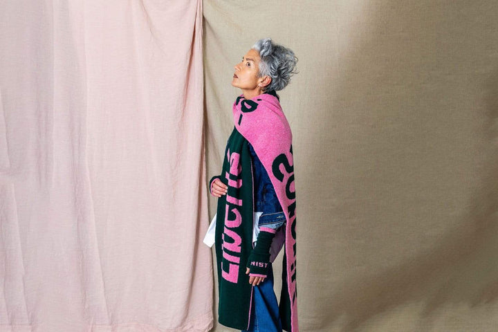 Liberté Egalité Sororité Lambswool Feminist Slogan Scarf Forest Green & French Rose Black & Beech