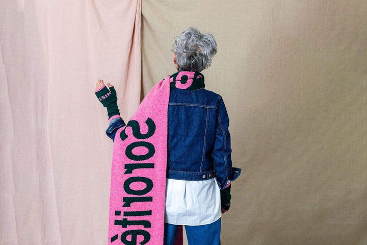 Liberté Egalité Sororité Lambswool Feminist Slogan Scarf Forest Green & French Rose Black & Beech