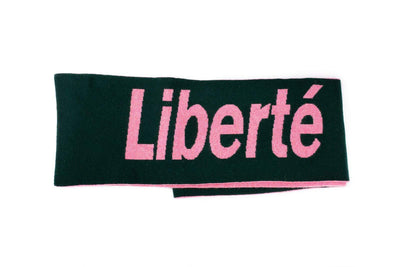 Liberté Egalité Sororité Lambswool Feminist Slogan Scarf Forest Green & French Rose Black & Beech