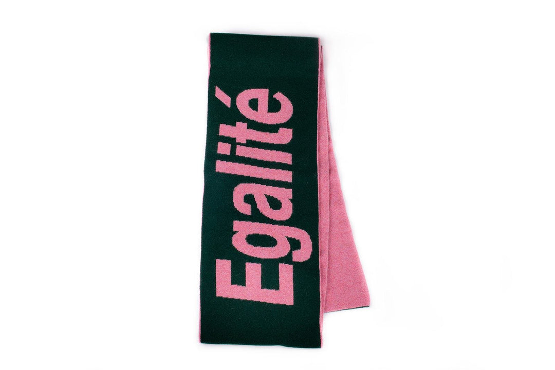 Liberté Egalité Sororité Lambswool Feminist Slogan Scarf Forest Green & French Rose Black & Beech