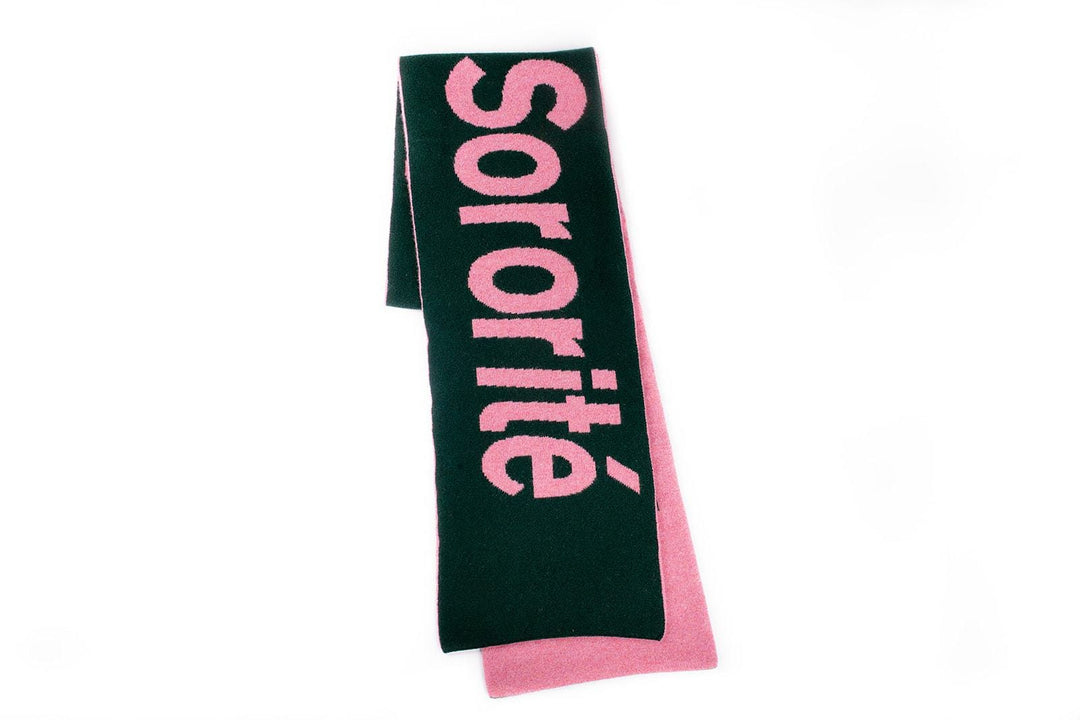 Liberté Egalité Sororité Lambswool Feminist Slogan Scarf Forest Green & French Rose Black & Beech