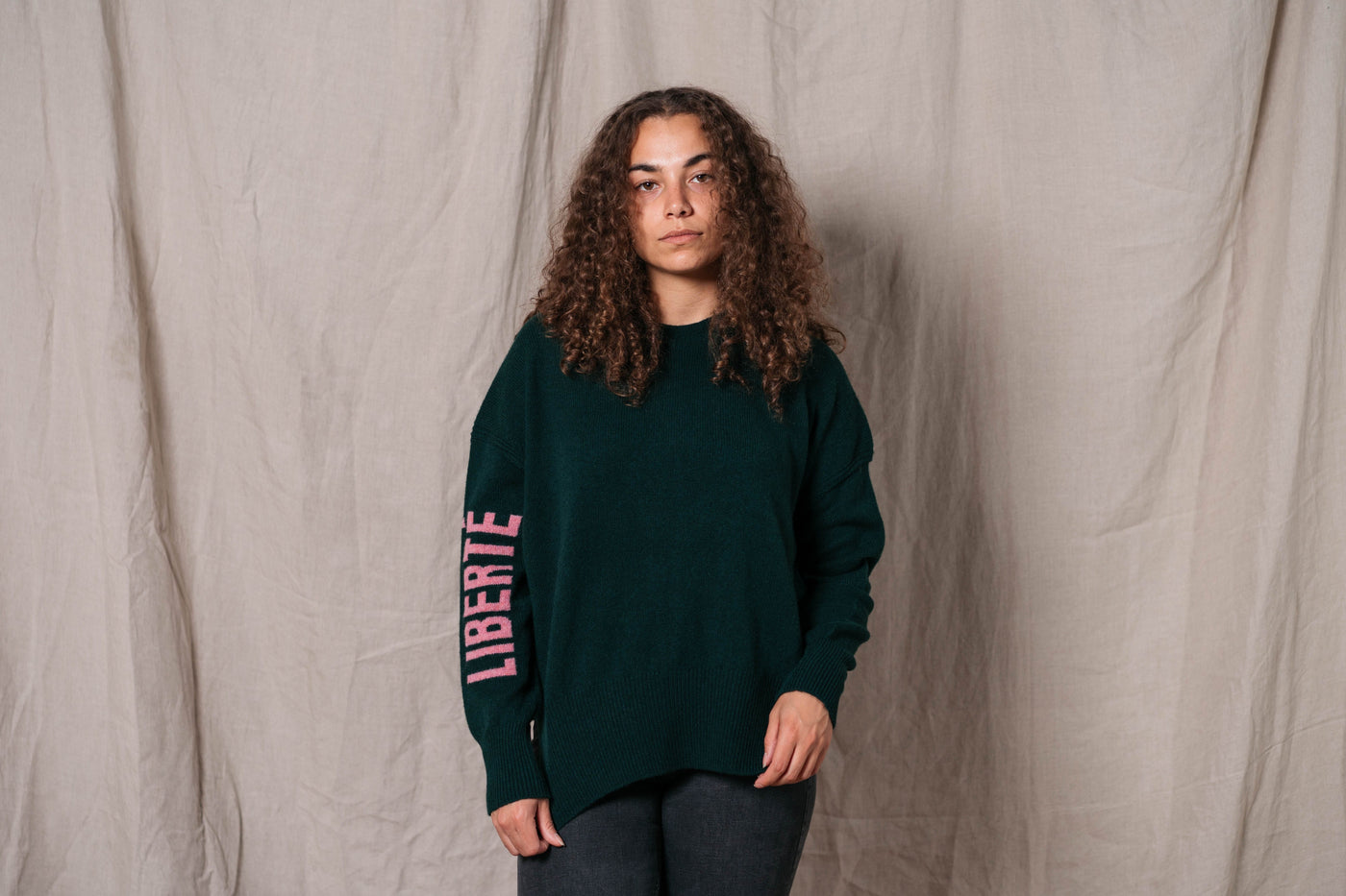 Liberté Merino Lambswool Jumper in Forest Green & French Rose Black & Beech