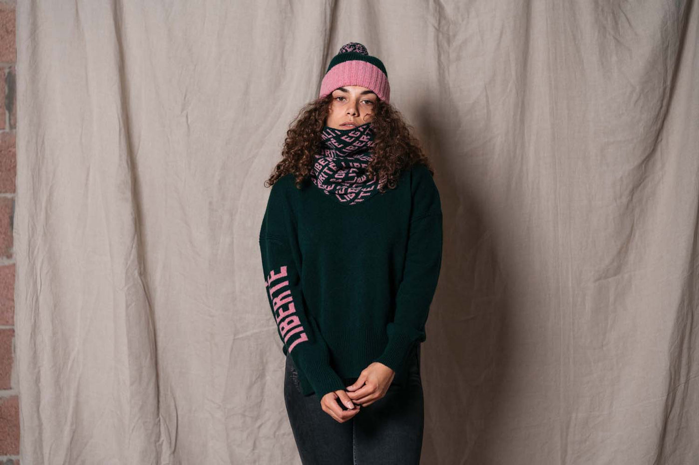 Liberté Merino Lambswool Jumper in Forest Green & French Rose Black & Beech