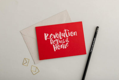 Revolution Begins at Home Greetings Card - Red Black & Beech