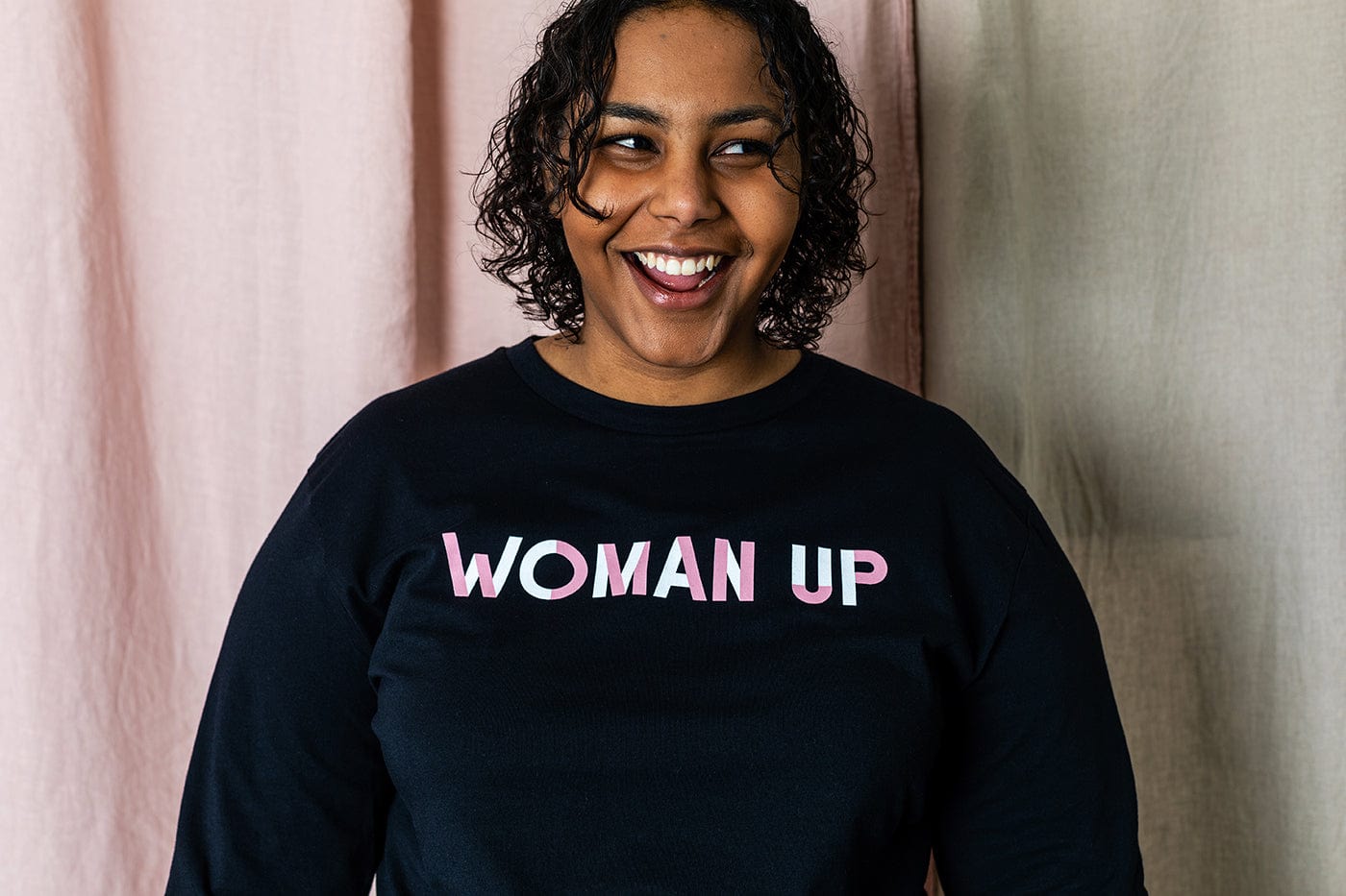 WOMAN UP Black Long Sleeve Organic Cotton T-Shirt Black & Beech