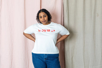WOMAN UP White Oversized Organic Cotton T-Shirt Black & Beech